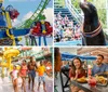 A family is joyfully running through water at a colorful water park with slides in the background