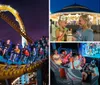 The image displays a collage of activities at an amusement park including a roller coaster ride a carousel a Ferris wheel guests enjoying interactive games snacks and a theatrical scare experience