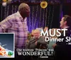 The image is a promotional advertisement for a dinner show featuring a festive venue atmosphere a plate of pasta and customer testimonials commending the experience and service