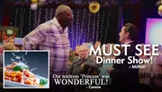 The image is a promotional advertisement for a dinner show, featuring a festive venue atmosphere, a plate of pasta, and customer testimonials commending the experience and service.