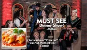 A group of people dressed in 1920s-style attire are enjoying a dinner show, with text praising the performance and service, and an inset image of pasta.