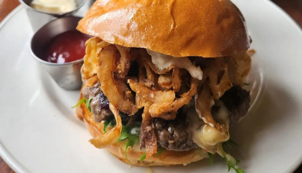 The image shows a juicy cheeseburger topped with crispy onion rings served on a white plate with condiments on the side