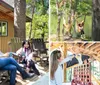 Two people are smiling and sitting on wooden chairs on the porch of a cabin surrounded by trees