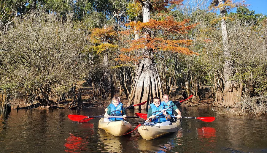 Three people are kayaking in a scenic waterway surrounded by trees with some showing autumnal colors.