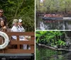 A group of people is enjoying a scenic boat tour on a calm river amidst a forested area