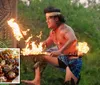 A person is performing a fire dance in traditional attire with an inset image of a dish likely implying a theme related to Polynesian culture or cuisine