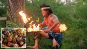 A person is performing a fire dance in traditional attire with an inset image of a dish, likely implying a theme related to Polynesian culture or cuisine.