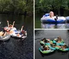 A group of people are enjoying a sunny day on the water floating in individual inflatable rafts tied together