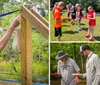 A person in a blue shirt and headband appears to be engaged in an outdoor physical activity or construction task wiping sweat from their forehead near a wooden structure with hanging ropes or straps