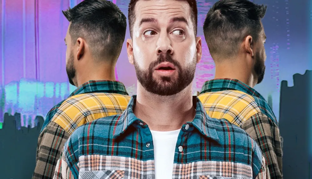 A man in a plaid shirt is looking surprised or puzzled with two identical versions of himself facing away in the background