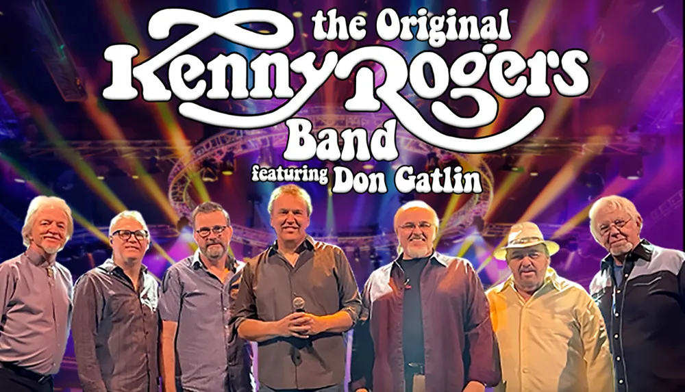 The image features seven men standing together under the logo The Original Kenny Rogers Band featuring Don Gatlin with a colorful stage lighting background