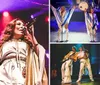 Two performers on stage dressed in gold capes and white outfits sing under bright lights with the text Direct from Sweden The Music of ABBA displayed above them