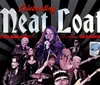 The image is a promotional poster for a celebration of Meat Loaf featuring his band members and American Idol winner Caleb Johnson with a collage of musicians performing and bold text highlighting the event