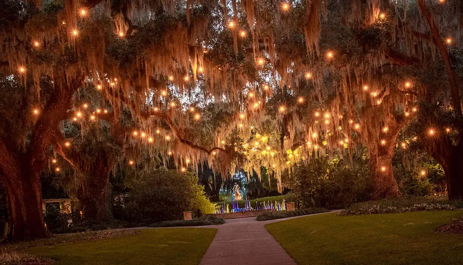 A serene evening pathway is illuminated by a canopy of Spanish moss adorned with twinkling lights, creating a magical atmosphere.