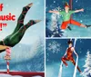 The image shows an aerial performer on silk ropes set against a snowy background with reviews praising the show as breathtaking and spine tingling