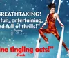 The image shows an aerial performer on silk ropes set against a snowy background with reviews praising the show as breathtaking and spine tingling