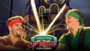 The image is a promotional graphic for a 'Christmas at Pirates Voyage Dinner & Show,' featuring two smiling actors dressed as pirates amidst a vibrant backdrop with seasonal and pirate-themed elements.