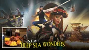 The image features a theatrical pirate adventure scene with performers in dynamic poses, set against the backdrop of ships and action elements, along with an inset showing a meal of roasted chicken, corn, potatoes, and drinks, titled 