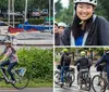 Two people are riding bicycles along a path near a marina filled with sailboats