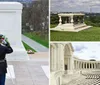 A soldier salutes in front of a memorial with a wreath laid at its base