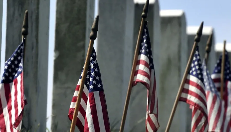 Numerous American flags are displayed in front of a series of tall, vertical stone slabs.