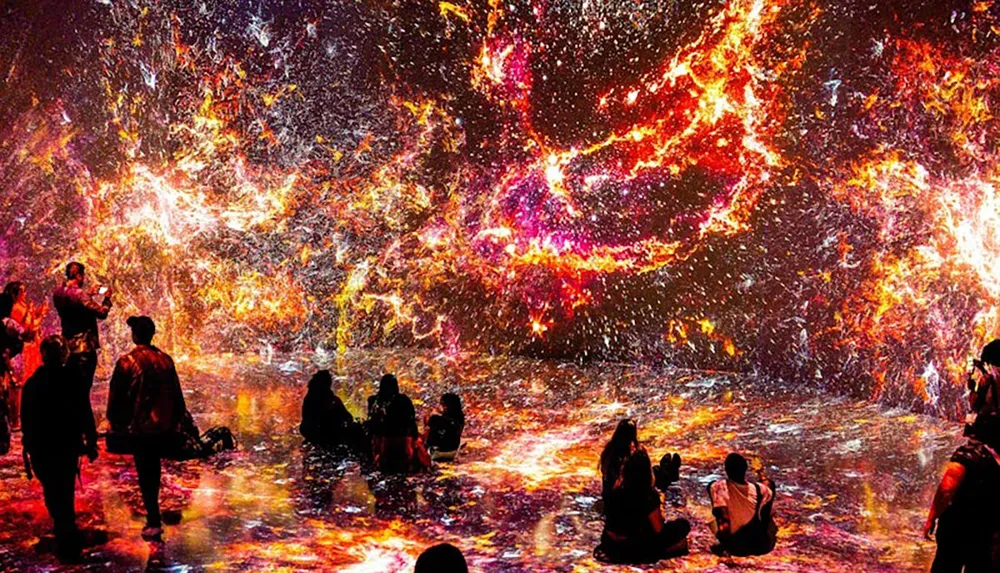 A group of people are immersed in a vibrant cosmic-themed digital art installation with swirling fiery colors