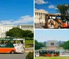 A hop-on hop-off tour trolley passes in front of the US Capitol building on a sunny day