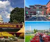 A double-decker tour bus in Washington DC passes by colorful flowers and the iconic dome of the US Capitol under a partly cloudy sky