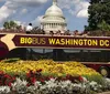 A double-decker tour bus in Washington DC passes by colorful flowers and the iconic dome of the US Capitol under a partly cloudy sky