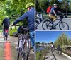 A group of people wearing bright green helmets are cycling along a tree-lined path