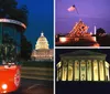 A trolley tour bus with passengers is parked at night near a brightly lit Capitol building