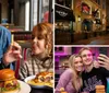 A person is excitedly holding a burger with a Hard Rock Caf flag about to take a bite