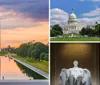 The image shows the Washington Monument reflected in the Lincoln Memorial Reflecting Pool at sunset framed by trees