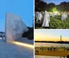 A group of people walks through a large stone monument with illuminated pathways at twilight