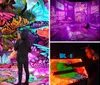 A group of people is surrounded by an immersive colorful light display that resembles a vibrant cosmic scene