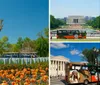 A scenic view of a cemetery with rows of white gravestones blooming cherry blossoms and a tour bus in the background