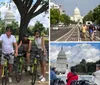 A group of five people wearing helmets pose with bikes in front of the US Capitol building on a sunny day