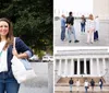 A woman is smiling and holding a Meet Here sign in front of a statue while carrying a tote bag