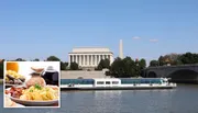 The image shows a river with a boat cruising in front of a large neoclassical building and an inset of a breakfast plate with scrambled eggs, bacon, and pastries.