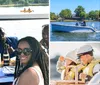 A group of friends wearing sunglasses are enjoying drinks at a table by the water