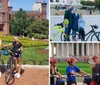 Three people with bicycles pose in front of the Smithsonian Institution Building surrounded by greenery and flowers