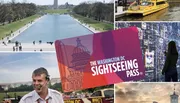 The image is a collage featuring Washington D.C. landmarks, a tour guide, a sightseeing bus, and a Washington D.C. sightseeing pass.