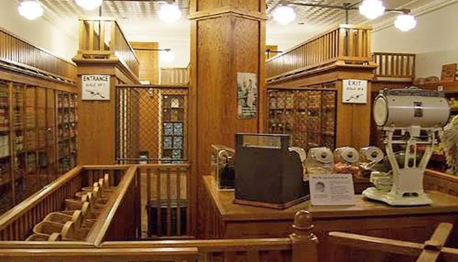 The image shows the interior of an old-fashioned pharmacy, complete with wooden fixtures, display cabinets, and antique equipment.