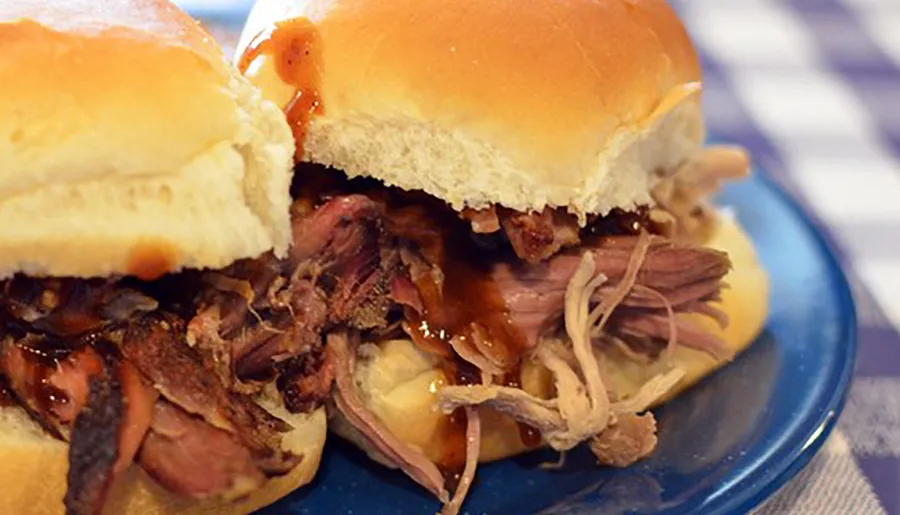 Two pulled pork sliders with barbecue sauce are sitting on a blue plate.